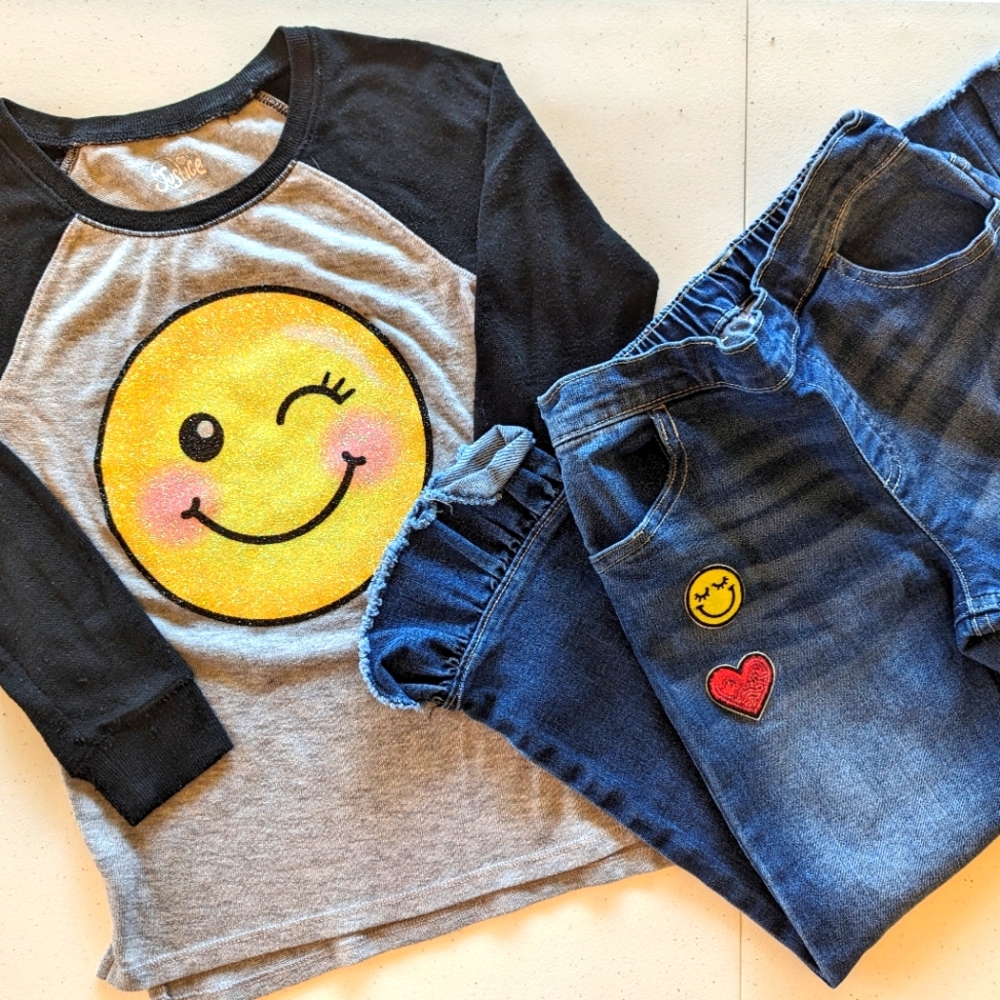 Girls Justice Smiley Shirt with ruffled applique jeans Size 7